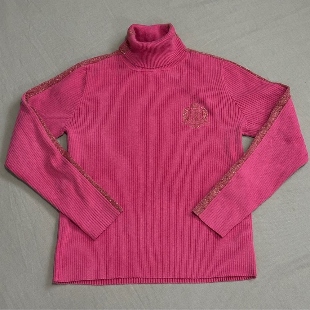 Ralph Lauren Sport Pink Gold Logo Emblem Crest Sporty Preppy Turtleneck Sweater